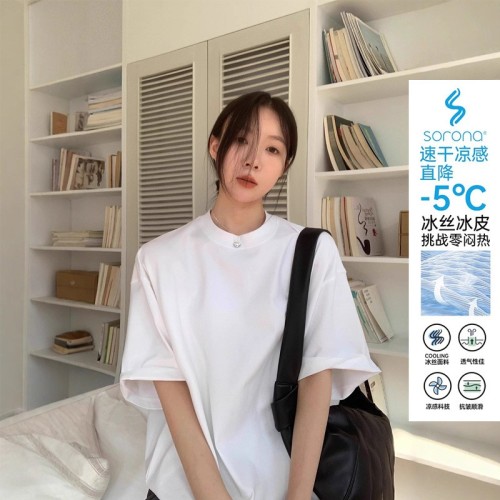 2025速干透气短袖韩版冰凉感短袖t恤女大版上衣夏天宽松简约百搭图2