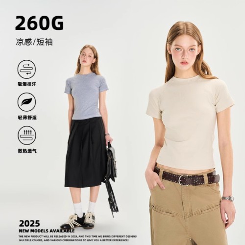 260g加厚赛罗棉美式正肩T恤女2025年夏季纯色内搭修身打底衫短袖图2