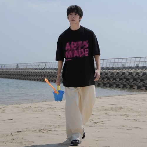 速干t恤重磅模糊印花短袖男夏季美式圆领廓形凉感情侣款半袖T恤衫图1
