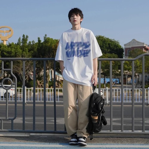 速干t恤重磅模糊印花短袖男夏季美式圆领廓形凉感情侣款半袖T恤衫图2