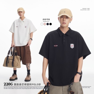 220G曼巴棉复古美式短袖POLO衫男夏季宽松翻领短袖男T恤情侣半袖