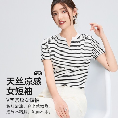 夏季新款天丝条纹短袖韩版V领正肩T恤女高级感显瘦a类外穿上衣女图3