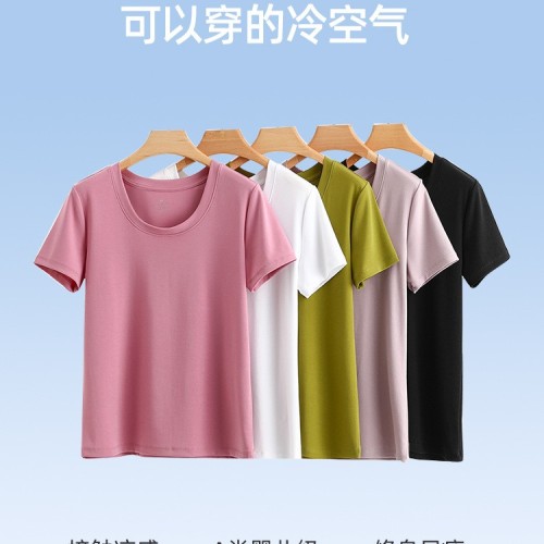 【凉感天丝】夏季T恤女大领口宽松休闲短袖女透气正肩显瘦女上衣图3