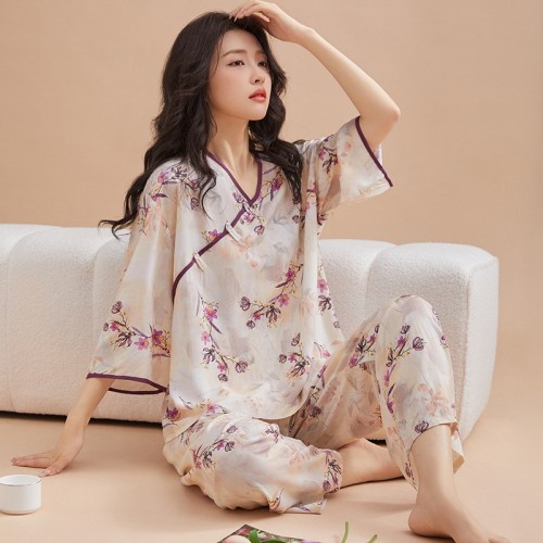 新中式睡衣女春夏秋季新款绵绸盘扣七分袖长裤甜美国风家居服套装图1