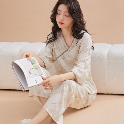 新中式睡衣女春夏秋季新款绵绸盘扣七分袖长裤甜美国风家居服套装图3