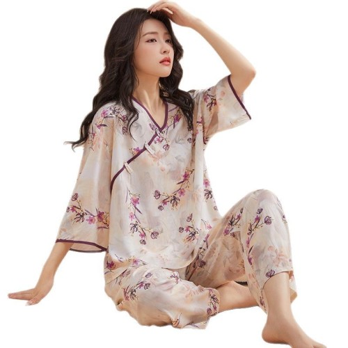 新中式睡衣女春夏秋季新款绵绸盘扣七分袖长裤甜美国风家居服套装图2