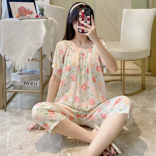 2025夏季人棉绸女睡衣短袖七分裤套装清新田园风品质家居服走量款图3