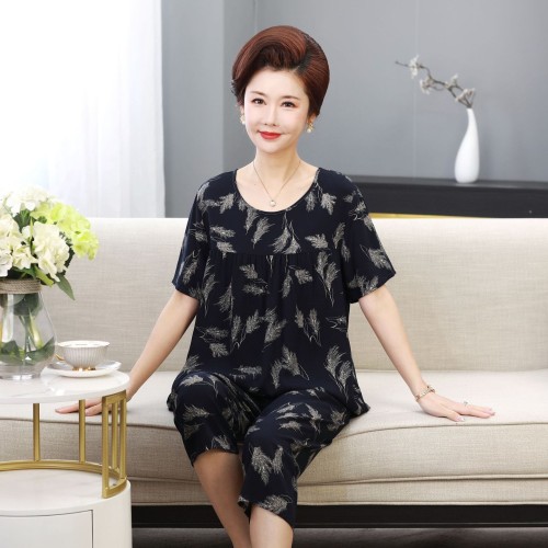 2025新款中老年睡衣夏人棉绸女士短袖七分裤圆领套装人造棉妈妈款