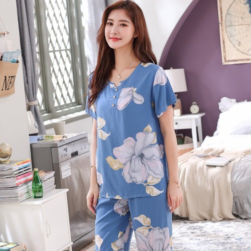 中老年妈妈睡衣 春夏季新款短袖长裤全人棉绸家居服套装加特大码图2