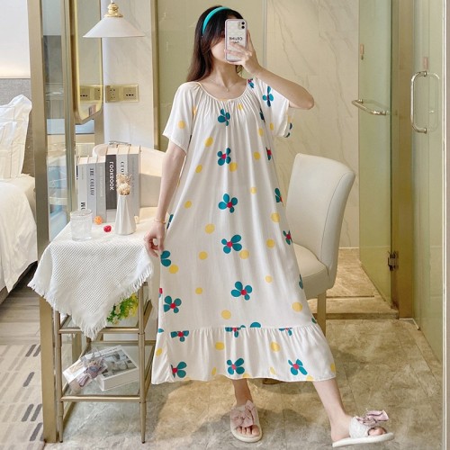 新款春夏女士睡裙全人棉棉绸短袖胖妹妹裙子大方圆领花朵性感长裙