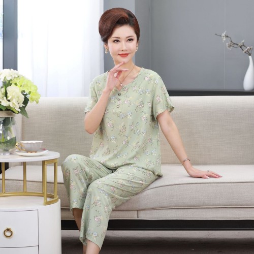 中老年妈妈睡衣春夏季新款短袖长裤加特大码人造棉棉绸家居服套装图3