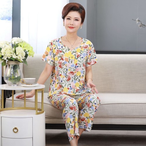 中老年妈妈睡衣春夏季新款短袖长裤加特大码人造棉棉绸家居服套装图2