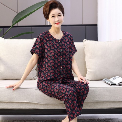 中老年妈妈睡衣数码印短袖长裤全人造棉绸家居服碎花纽扣开衫套装