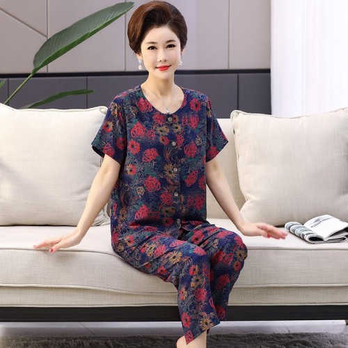 中老年妈妈睡衣数码印短袖长裤全人造棉绸家居服碎花纽扣开衫套装图2
