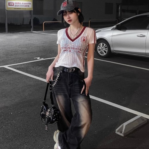 欧美夏季新款女装跨境外贸时尚潮流辣妹修身透视印花V领短袖T恤图3