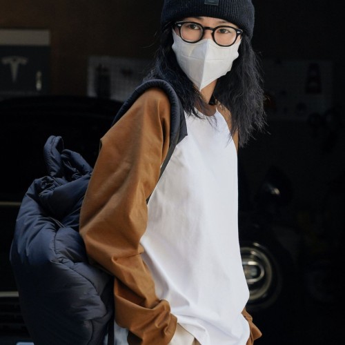 春季新款韩国ins户外休闲撞色插肩长袖T恤宽松圆领拼接舒 适上衣女