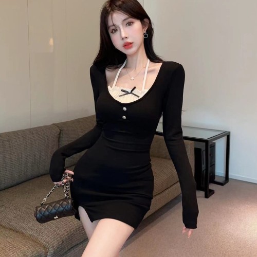 拼接假两件连衣裙女装春秋气质纯欲黑色裙子性感辣妹小妈包臀短裙图2