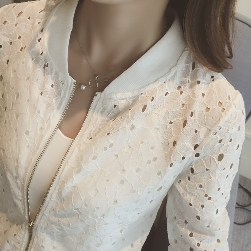批发2025夏季新款韩版薄款长袖蕾丝防晒衣女装短款拉链棒球服外套图2