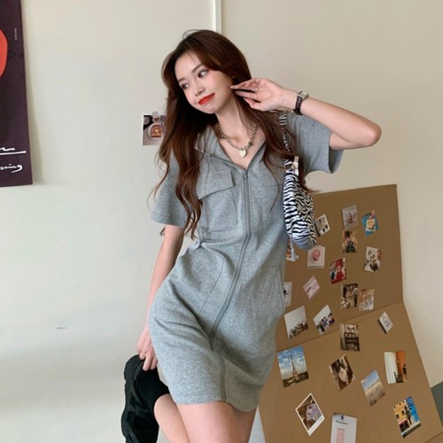 夏季2025新款韩国跨境连帽小个子减龄显瘦气质短袖拉链连衣裙女装