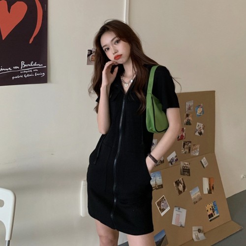 夏季2025新款韩国跨境连帽小个子减龄显瘦气质短袖拉链连衣裙女装图3