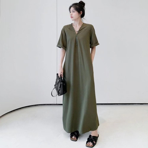 复古赫本风拉链连衣裙女装夏季大码胖mm宽松大码200斤纯色长裙子图3