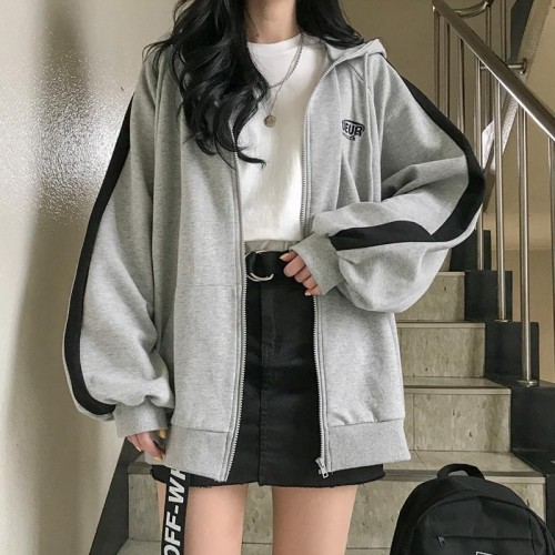 拉链外套女装春秋冬2025新款韩版原宿风学生宽松百搭加绒长袖卫衣图2