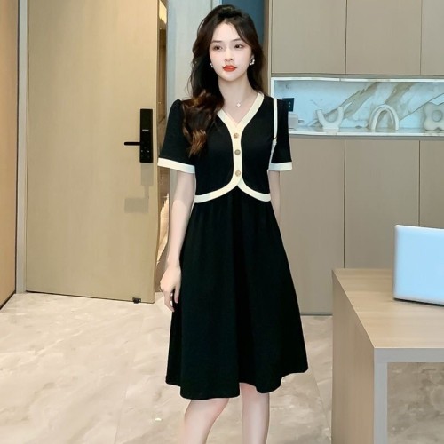 大码女装小香风名媛连衣裙2025夏季新款假两件胖mm收腰显瘦小黑裙