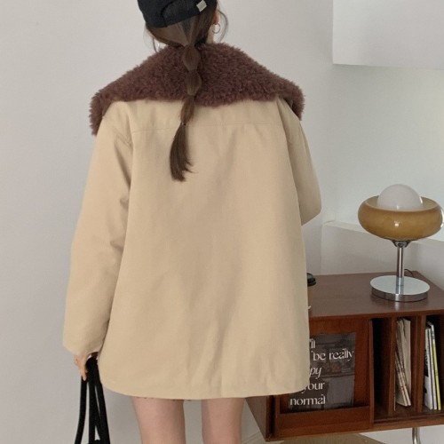 杨幂同款美式仿羊羔毛工装女士派克服女冬季设计感加绒加厚棉服