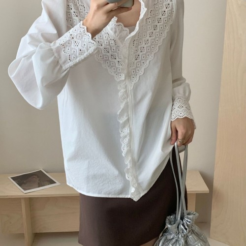 女款法式复古风格镂空白衬衫女2024秋季花边新款长袖衬衣流行上衣
