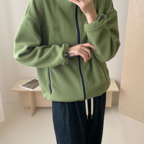 摇粒绒立领保暖外套2024秋冬新款撞色拼接时尚加绒加厚上衣女
