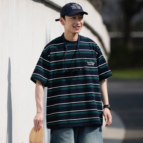日系复古条纹短袖t恤男夏季潮牌宽松百搭半截袖体恤情侣装上衣服图2
