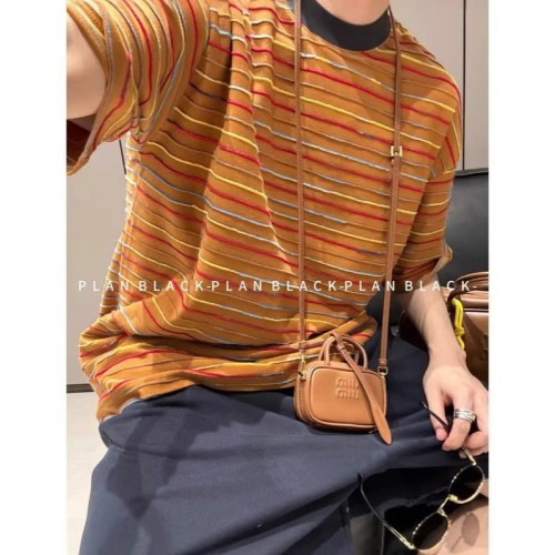 网红款韩国男装代购风潮流减龄编织彩色细条纹休闲宽松短袖恤夏季图2