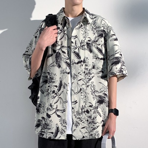 夏威夷碎花沙滩短袖衬衫男2025新款夏季薄款冰丝海边度假衬衣休闲