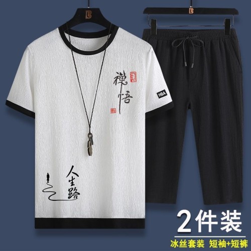 冰丝套装男休闲运动套装宽松大码夏季潮流短袖七分裤时尚两件套潮图2