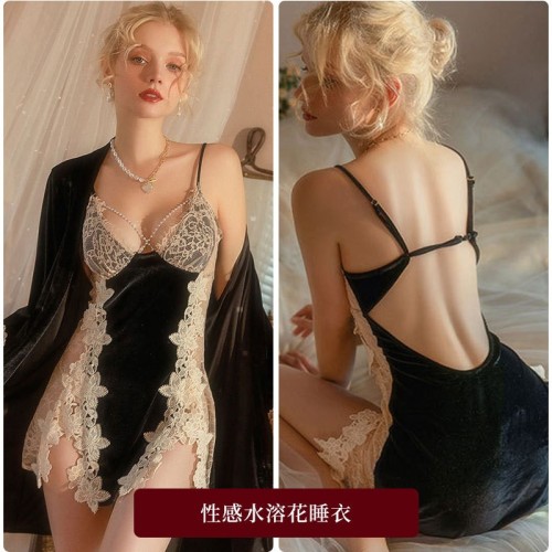 法式蕾丝金丝绒睡裙女 秋冬纯欲性感吊带短裙睡衣居家睡袍套装潮